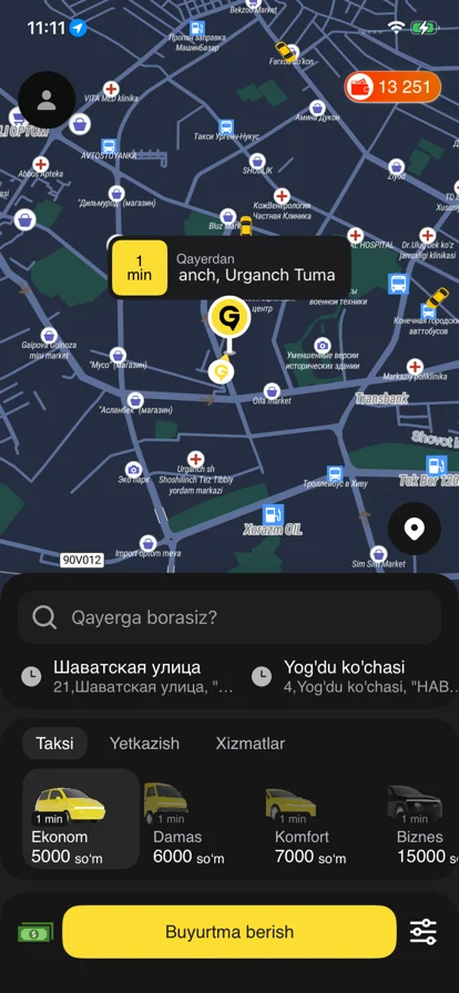Taxi Minutka yo‘lovchi ilovasining mavjud iOS ekrani: xarita, manzil va tarif tanlash